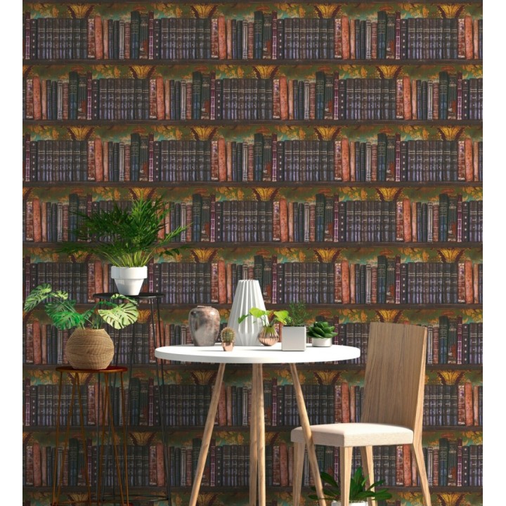 Papel pintado librería antigua lomos de piel fondo damasco dorado y verde - Cambridge Ancient 684998