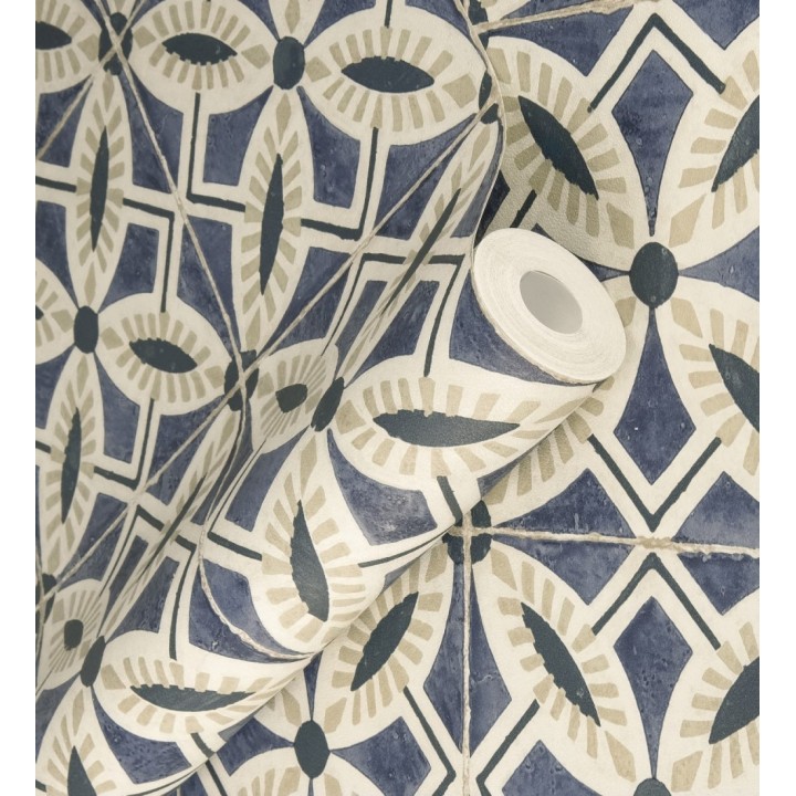 Papel pintado de azulejos hidráulicos fondo azul oscuro - Lisbon Tile 685080