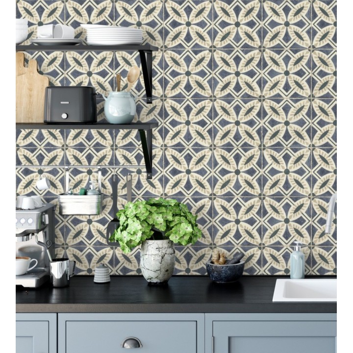 Papel pintado de azulejos hidráulicos fondo azul oscuro - Lisbon Tile 685080