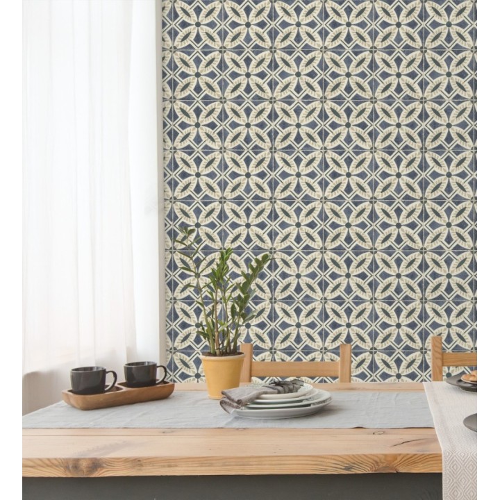 Papel pintado de azulejos hidráulicos fondo azul oscuro - Lisbon Tile 685080