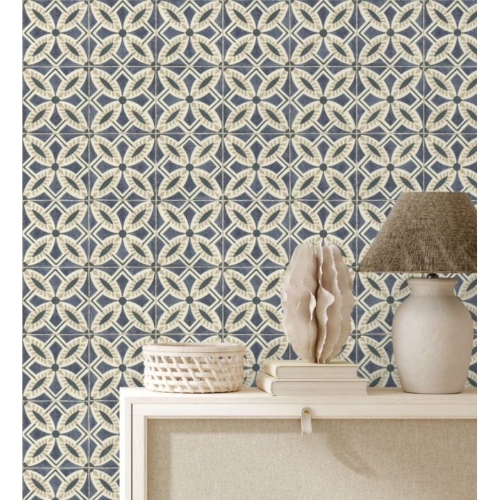 Papel pintado de azulejos hidráulicos fondo azul oscuro - Lisbon Tile 685080