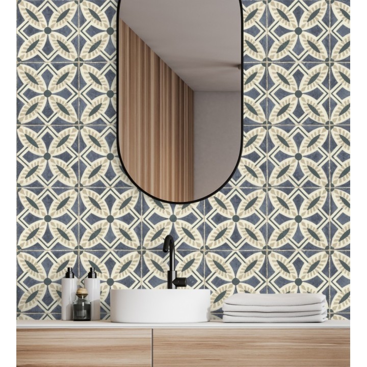 Papel pintado de azulejos hidráulicos fondo azul oscuro - Lisbon Tile 685080