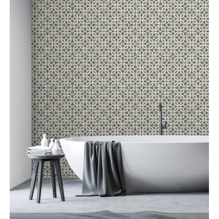 Papel pintado de azulejos hidráulicos fondo azul oscuro - Lisbon Tile 685080