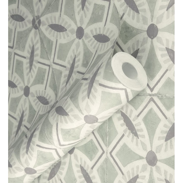 Papel pintado de azulejos hidráulicos fondo verde celadón - Lisbon Tile 685081