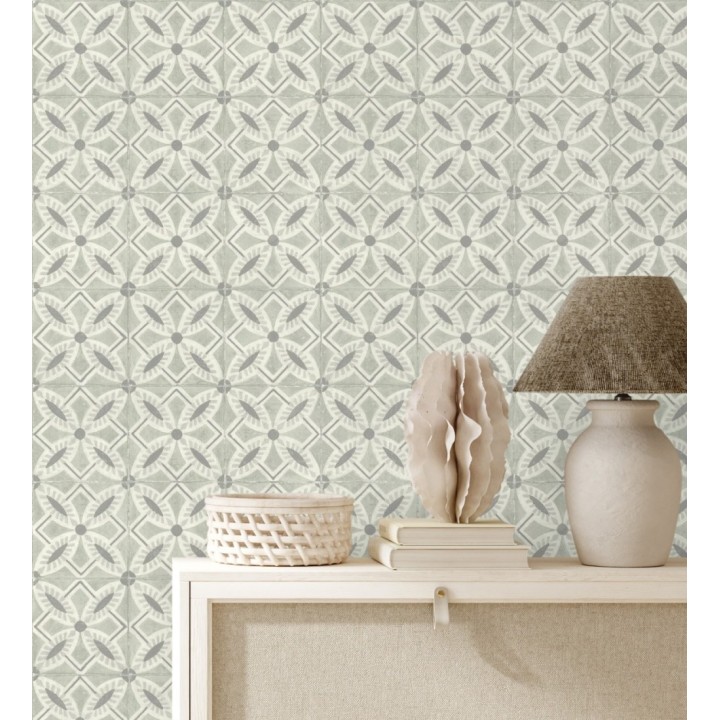 Papel pintado de azulejos hidráulicos fondo verde celadón - Lisbon Tile 685081