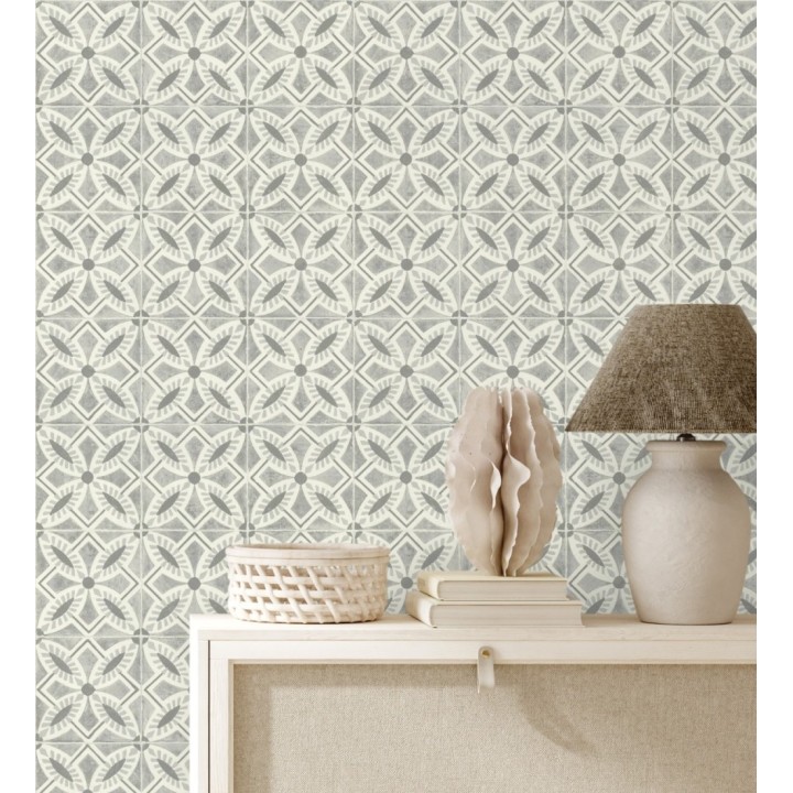 Papel pintado de azulejos hidráulicos fondo gris - Lisbon Tile 685082