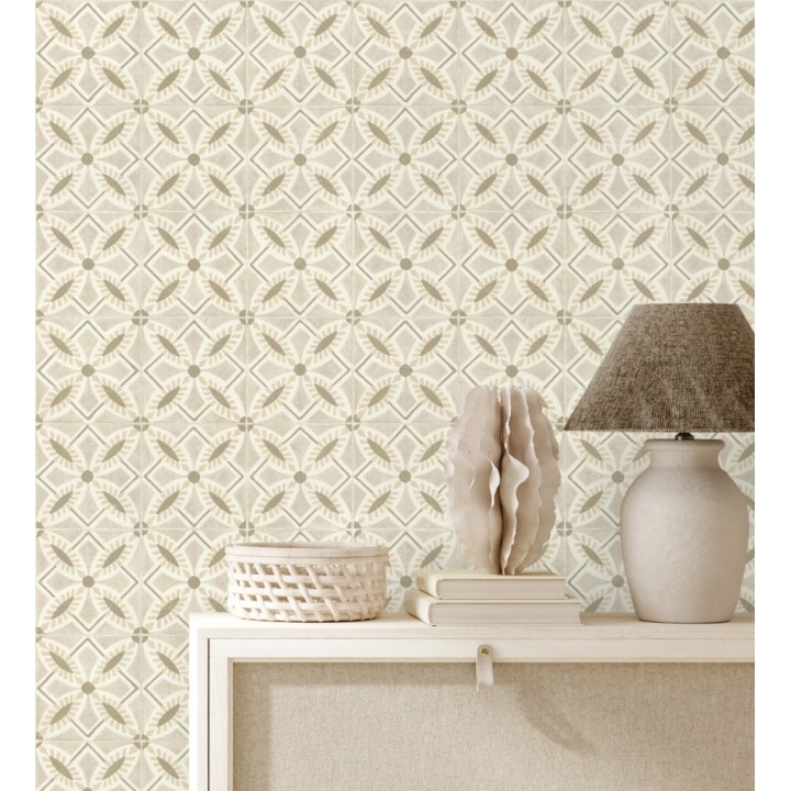 Papel pintado de azulejos hidráulicos fondo beige - Lisbon Tile 685083