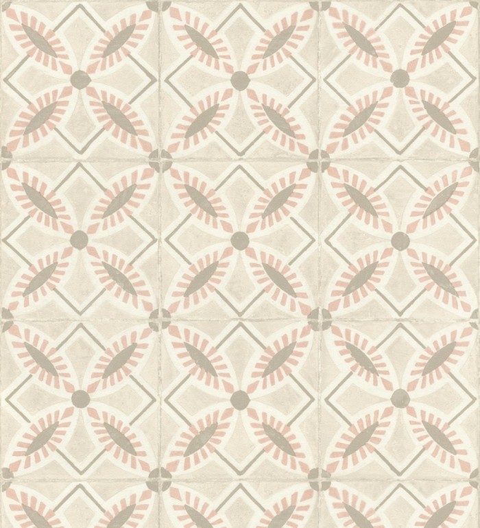 Papel pintado de azulejos hidráulicos color rosa y beige - Lisbon Tile 685084