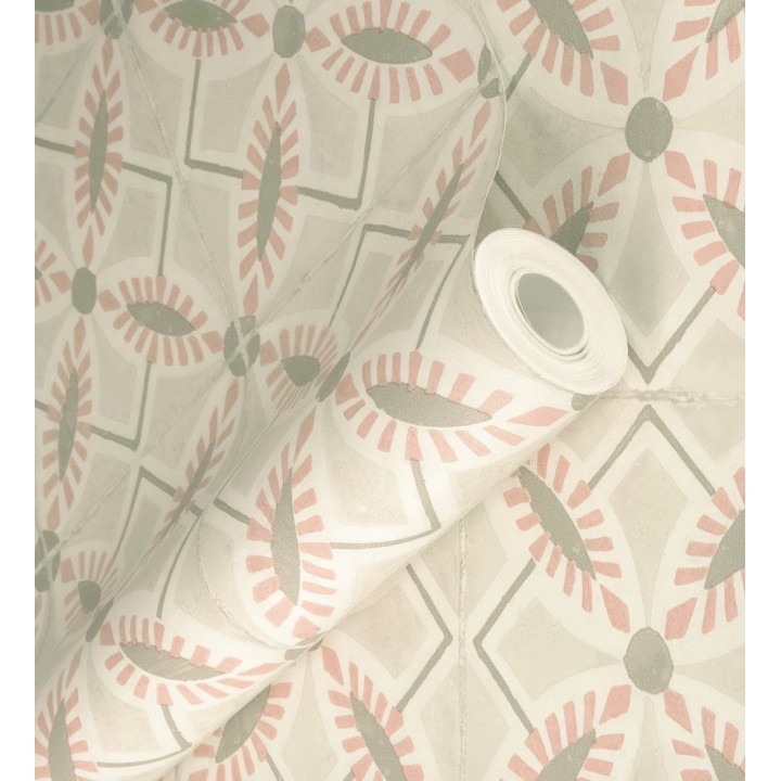 Papel pintado de azulejos hidráulicos color rosa y beige - Lisbon Tile 685084