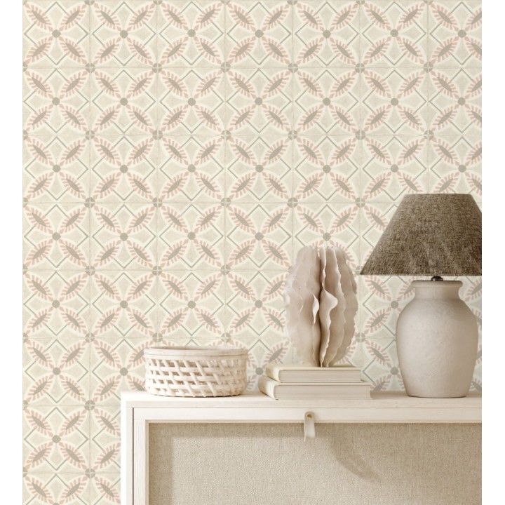 Papel pintado de azulejos hidráulicos color rosa y beige - Lisbon Tile 685084