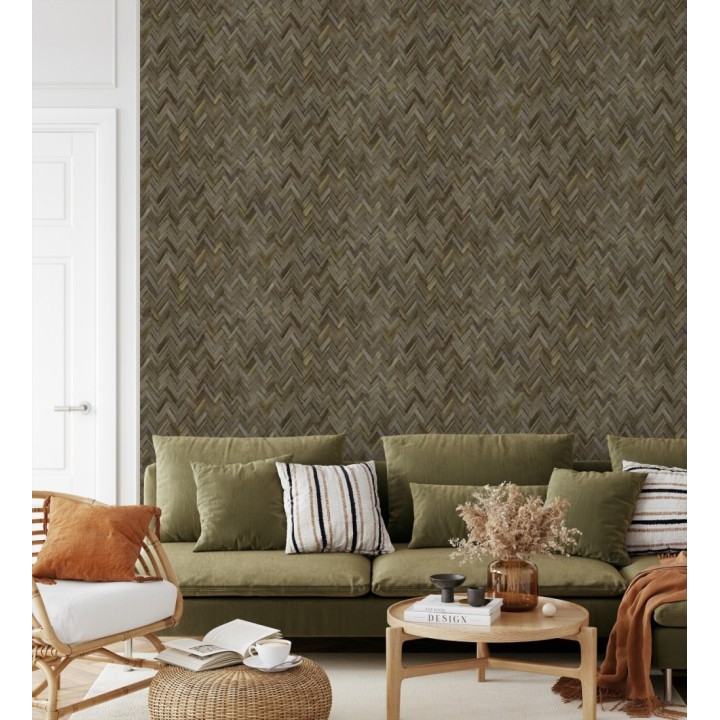 Papel pintado ratán diseño espiga tono sepia profundo - Bangkok Rattan 685086