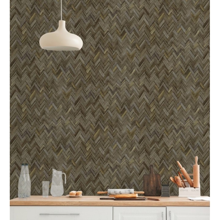 Papel pintado ratán diseño espiga tono sepia profundo - Bangkok Rattan 685086