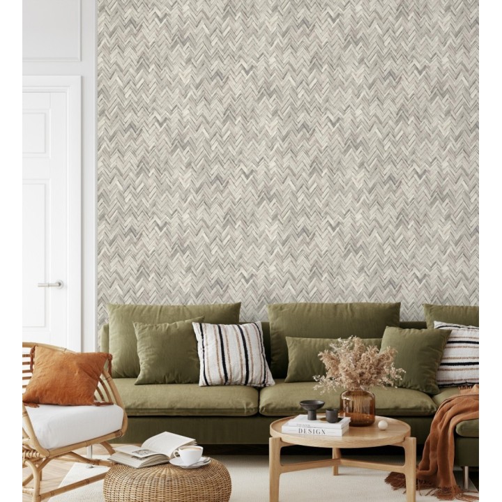 Papel pintado ratán diseño espiga tono gris cálido - Bangkok Rattan 685087