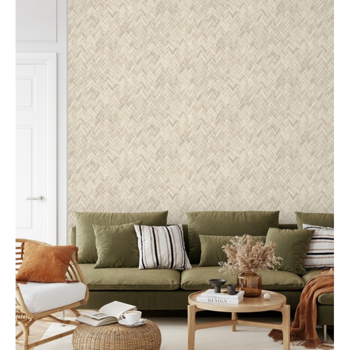 Papel pintado ratán diseño espiga tono beige claro - Bangkok Rattan 685088