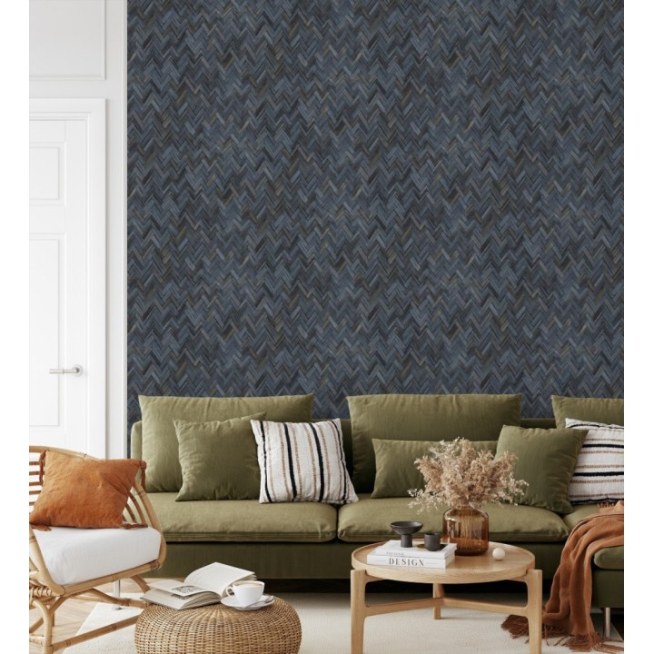 Papel pintado ratán diseño espiga tono azul oscuro - Bangkok Rattan 685089