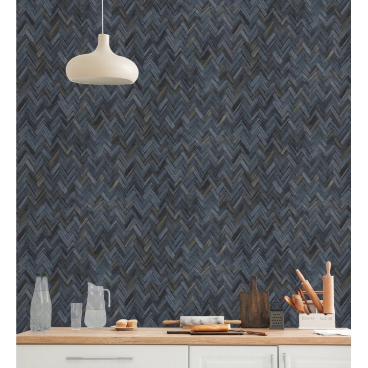 Papel pintado ratán diseño espiga tono azul oscuro - Bangkok Rattan 685089