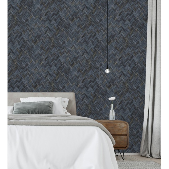 Papel pintado ratán diseño espiga tono azul oscuro - Bangkok Rattan 685089