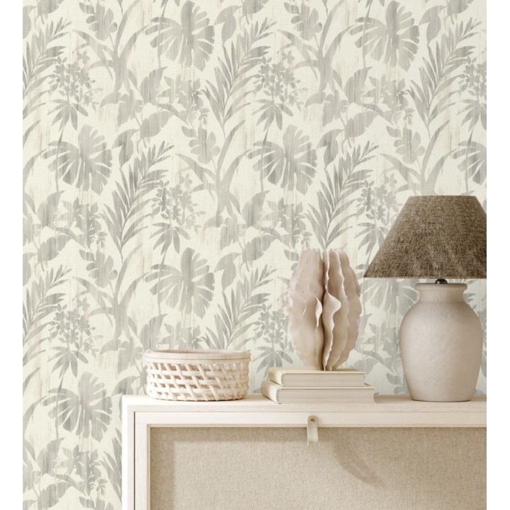 Papel pintado siluetas hojas grises efecto textil desgastado - Loire Delice 685090