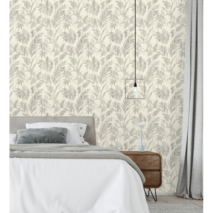 Papel pintado siluetas hojas grises efecto textil desgastado - Loire Delice 685090