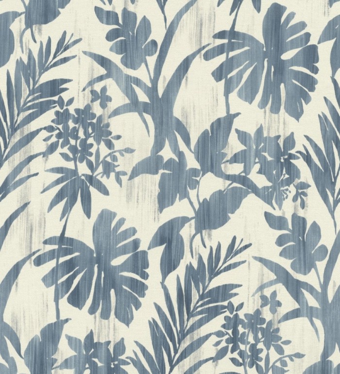 Papel pintado siluetas hojas azul efecto textil desgastado - Loire Delice 685091