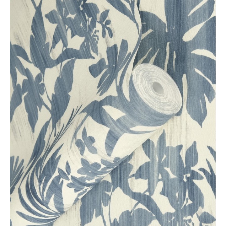Papel pintado siluetas hojas azul efecto textil desgastado - Loire Delice 685091