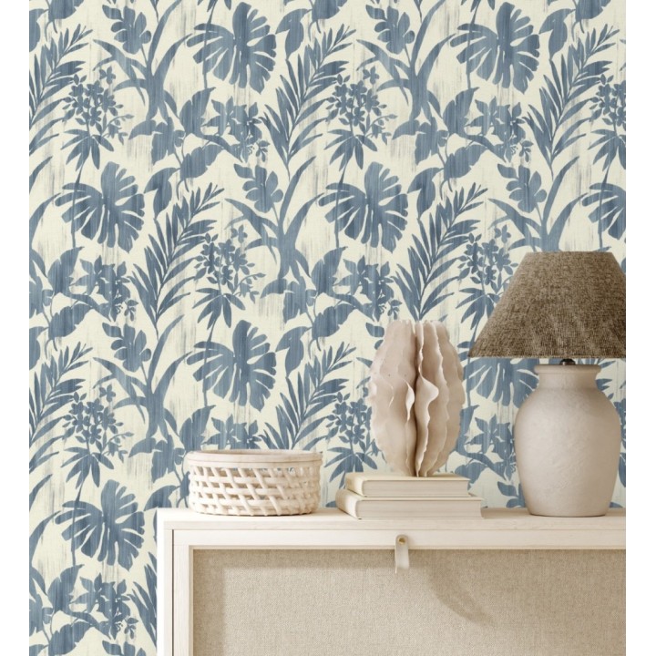 Papel pintado siluetas hojas azul efecto textil desgastado - Loire Delice 685091