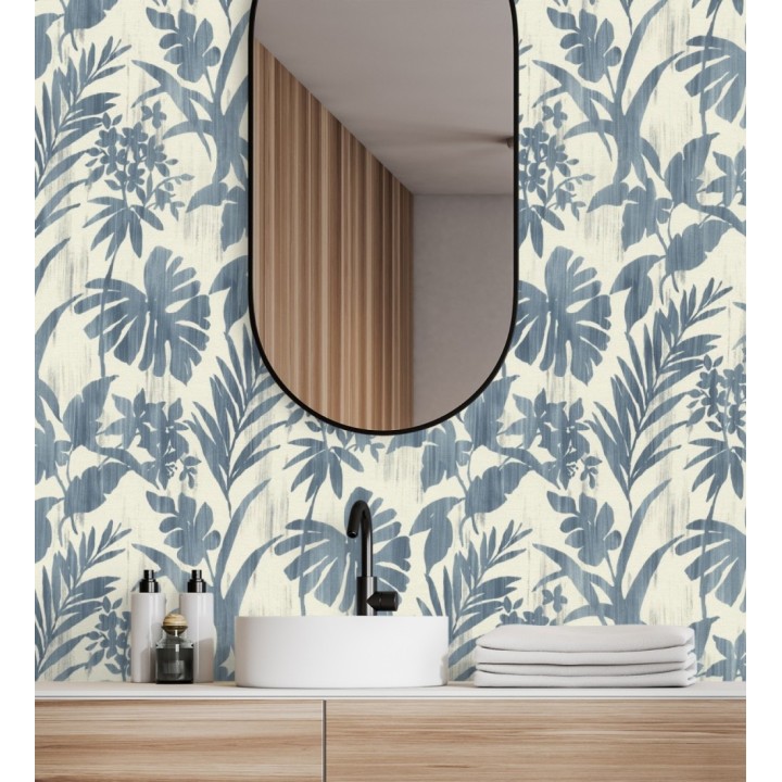 Papel pintado siluetas hojas azul efecto textil desgastado - Loire Delice 685091