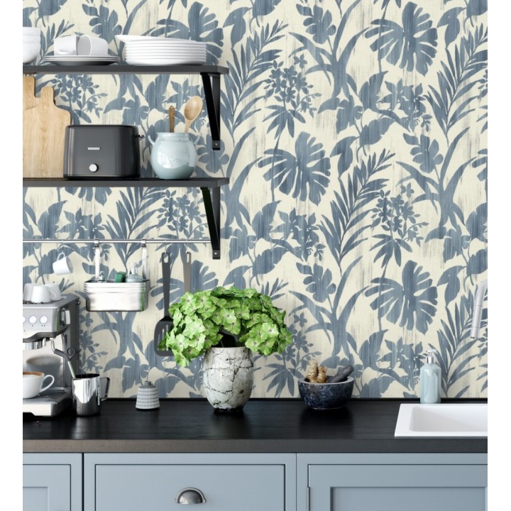 Papel pintado siluetas hojas azul efecto textil desgastado - Loire Delice 685091