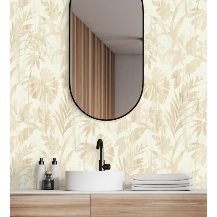 Papel pintado siluetas hojas ocre efecto textil desgastado - Loire Delice 685092