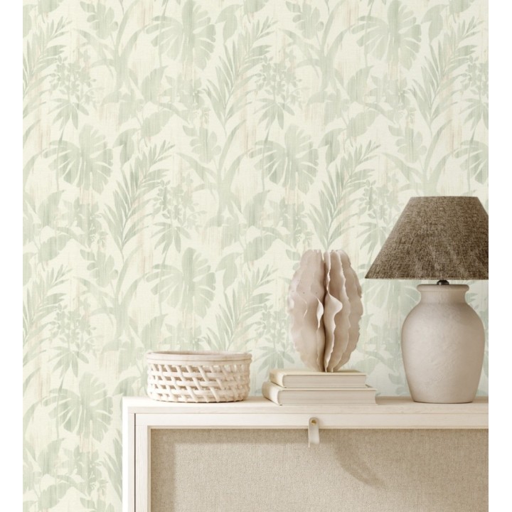 Papel pintado siluetas hojas verde efecto textil desgastado - Loire Delice 685093