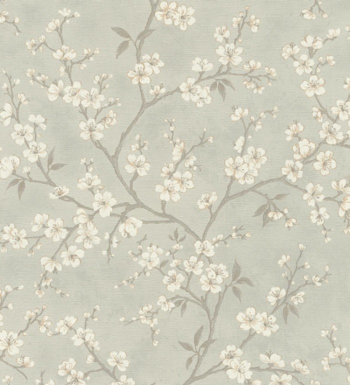 Papel pintado flores de cerezo fondo gris liquen textura textil estilo japandi - Loire Flowery 685100