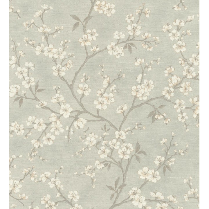 Papel pintado flores de cerezo fondo gris liquen textura textil estilo japandi - Loire Flowery 685100