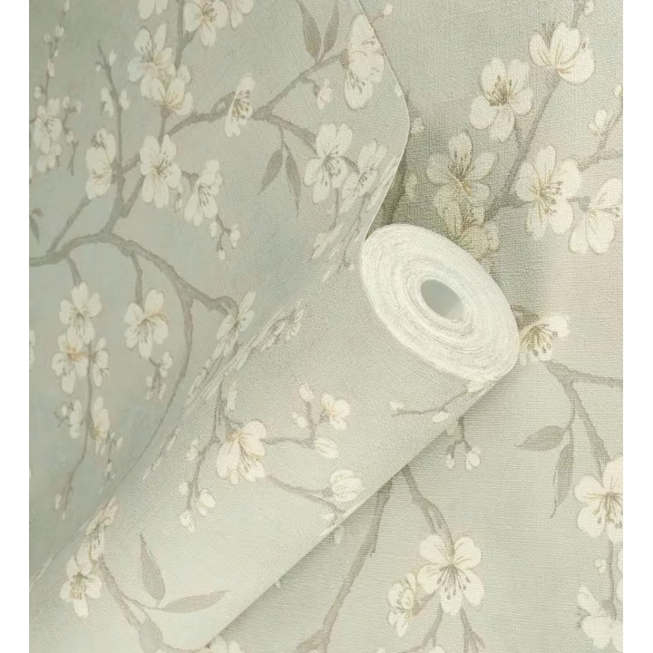 Papel pintado flores de cerezo fondo gris liquen textura textil estilo japandi - Loire Flowery 685100