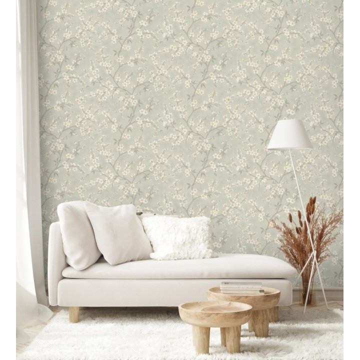 Papel pintado flores de cerezo fondo gris liquen textura textil estilo japandi - Loire Flowery 685100