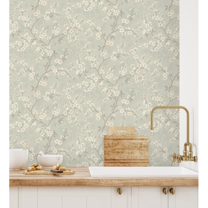 Papel pintado flores de cerezo fondo gris liquen textura textil estilo japandi - Loire Flowery 685100