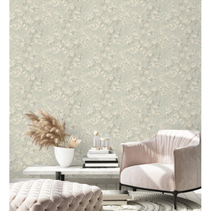 Papel pintado flores de cerezo fondo gris liquen textura textil estilo japandi - Loire Flowery 685100