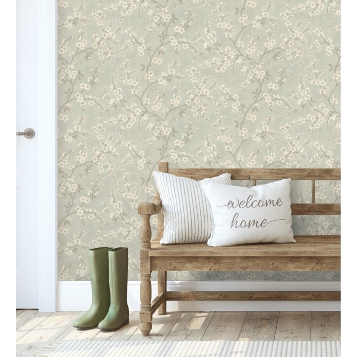 Papel pintado flores de cerezo fondo gris liquen textura textil estilo japandi - Loire Flowery 685100