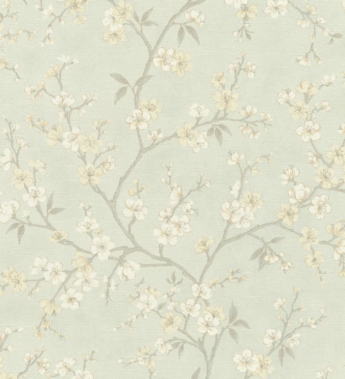 Papel pintado flores de cerezo fondo verde caledón textura textil estilo japandi - Loire Flowery 685101