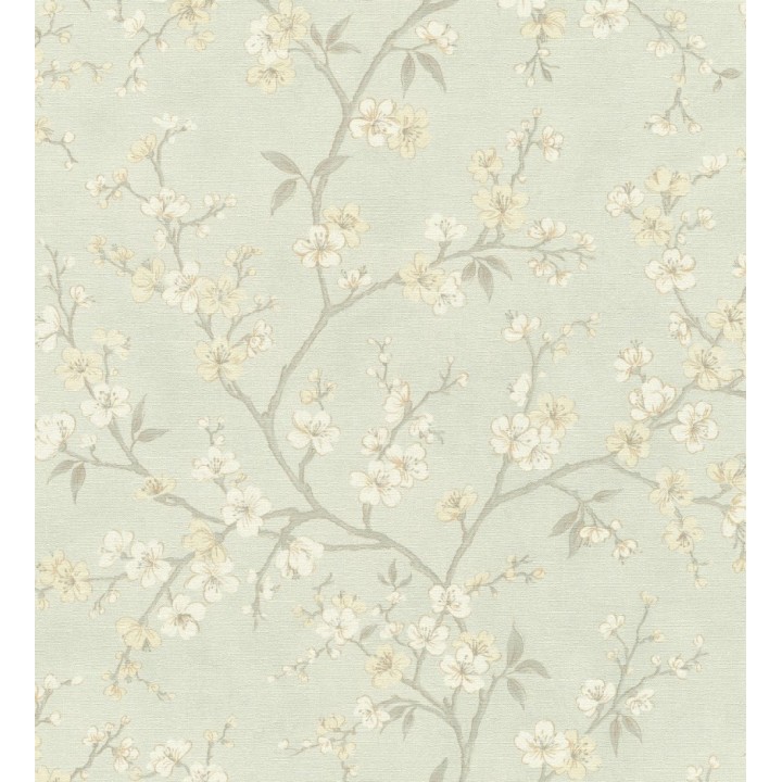 Papel pintado flores de cerezo fondo verde caledón textura textil estilo japandi - Loire Flowery 685101