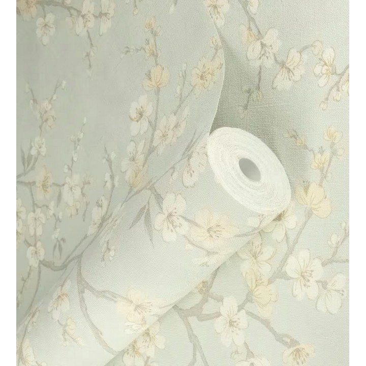 Papel pintado flores de cerezo fondo verde caledón textura textil estilo japandi - Loire Flowery 685101