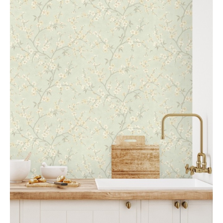 Papel pintado flores de cerezo fondo verde caledón textura textil estilo japandi - Loire Flowery 685101