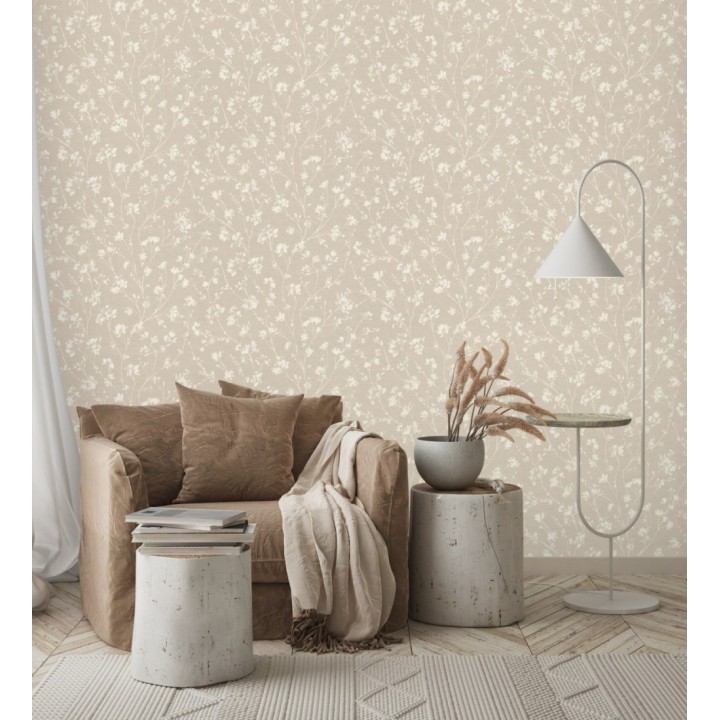 Papel pintado ramas silvestres tono blanco roto fondo beige - Isadora Ethereal 685102