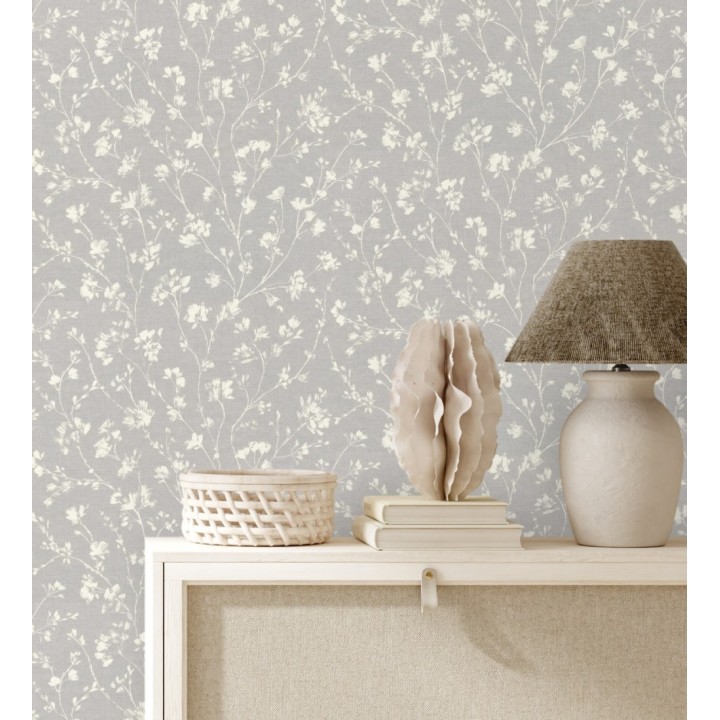 Papel pintado ramas silvestres tono blanco roto fondo gris - Isadora Ethereal 685103