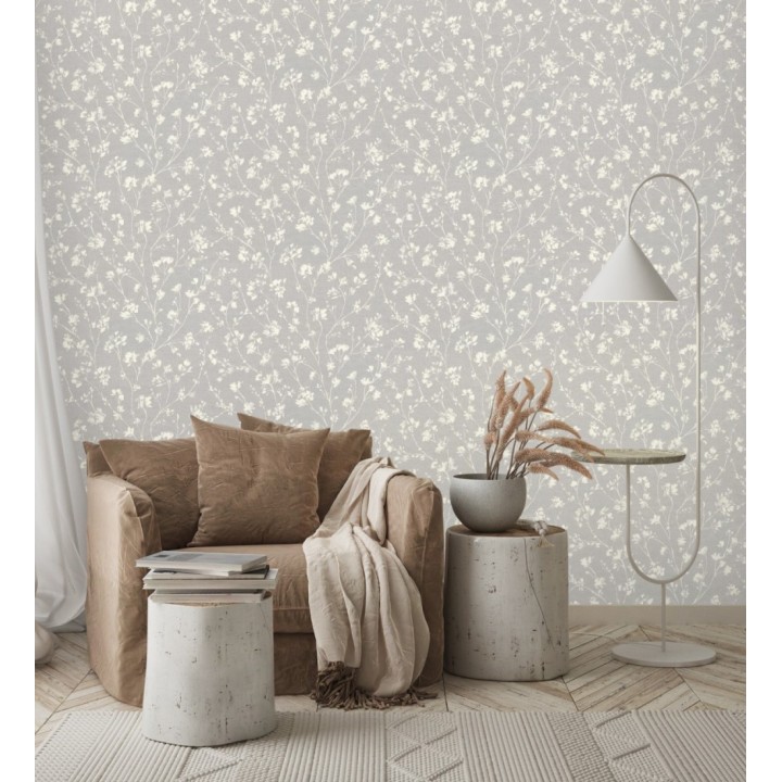 Papel pintado ramas silvestres tono blanco roto fondo gris - Isadora Ethereal 685103