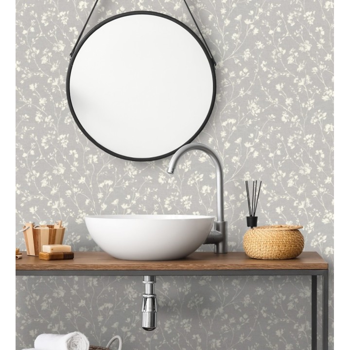 Papel pintado ramas silvestres tono blanco roto fondo gris - Isadora Ethereal 685103