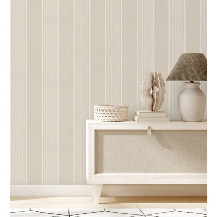 Papel pintado rayas lino beige y blanco natural estilo náutico - Lysander Trace 685104