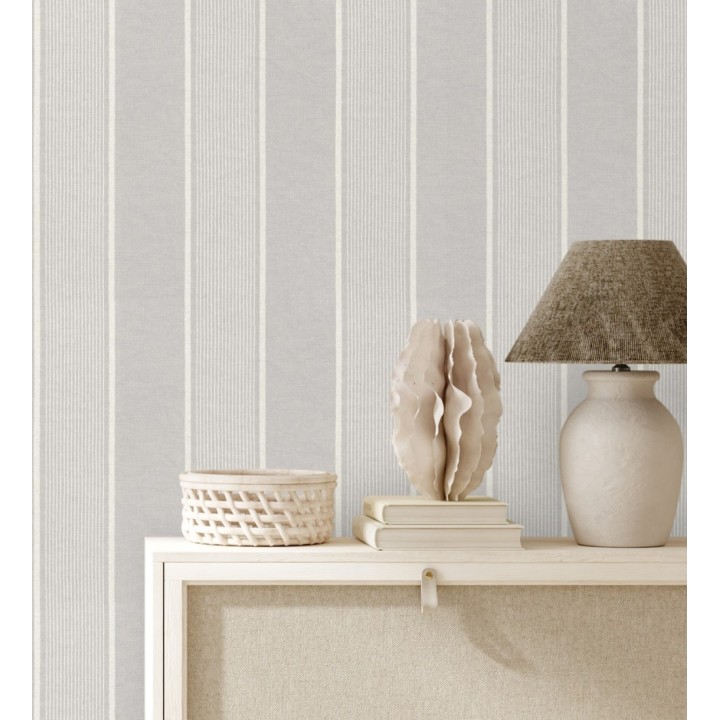 Papel pintado rayas lino gris y blanco natural estilo náutico - Lysander Trace 685105