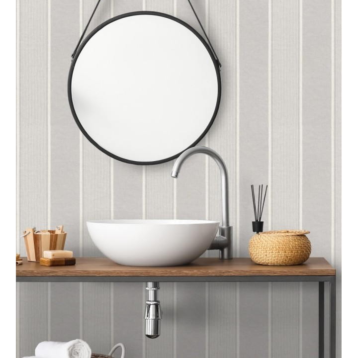 Papel pintado rayas lino gris y blanco natural estilo náutico - Lysander Trace 685105