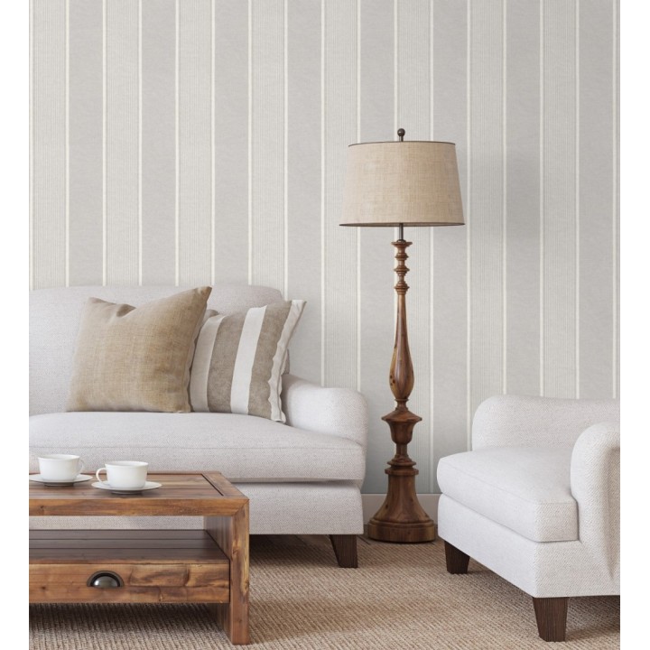 Papel pintado rayas lino gris y blanco natural estilo náutico - Lysander Trace 685105