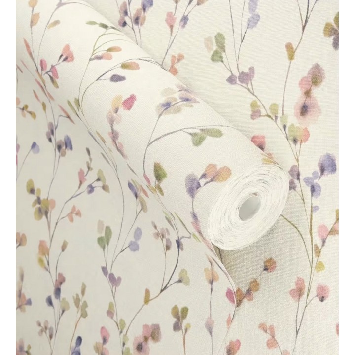 Papel pintado efecto lienzo de flores multicolores texturizado - Amaris Sprig 685108
